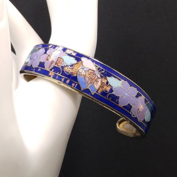Vintage Blue Cloisonné Butterfly Floral Cuff Bracelet Enamel Copper 5 1/4" - Picture 7 of 7